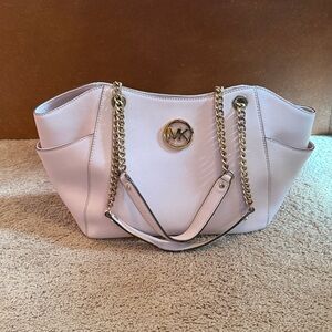 Authentic Michael Kors Light Pink Shoulder Bag with Gold/Brass Chain
